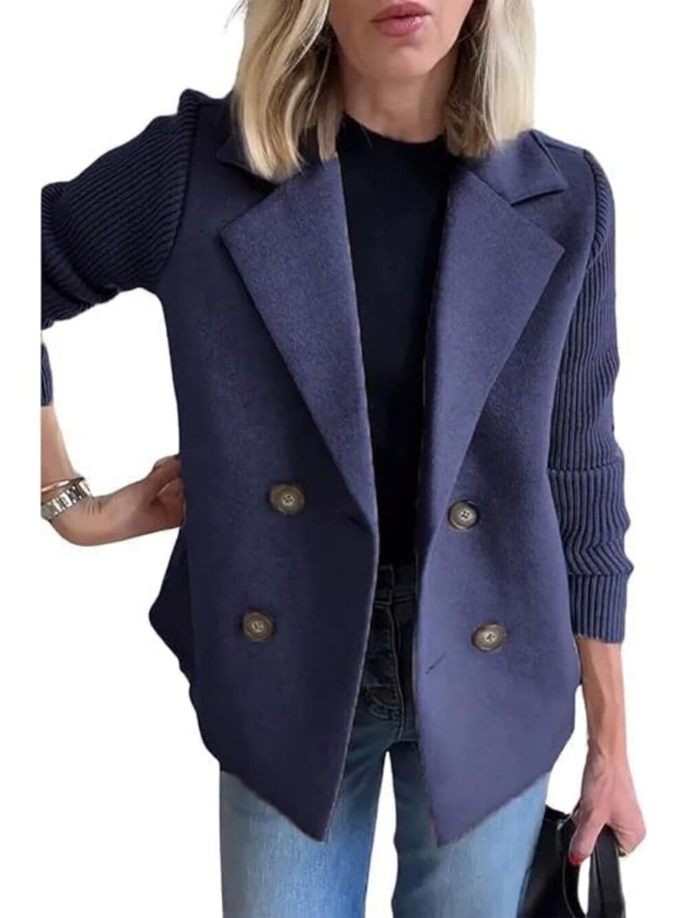 Cropped Wool Blend Peacoat Jacket for Women | Fall Knit Sweater Blazer, Double